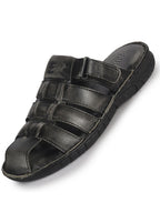 Men Black Genuine Leather Multi Strap Closed Toe Broad Feet Slip On Slippers with Adjustable Strap|Roman Sandals with Cushioned Footbed For Comfort|Anti Skid Lightweight Sole