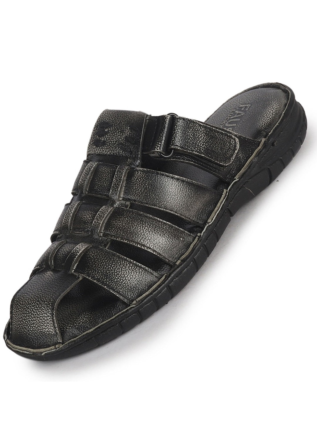 Men Black Genuine Leather Multi Strap Closed Toe Broad Feet Slip On Slippers with Adjustable Strap|Roman Sandals with Cushioned Footbed For Comfort|Anti Skid Lightweight Sole