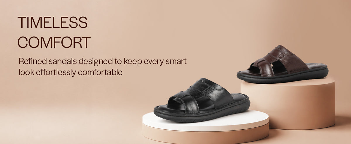 Men Black Genuine Leather Dual Strap EVA Sole Sandals|Open Toe Casual Slip On Slippers|Side Stitched Sliders with Memory Cushioned Insole