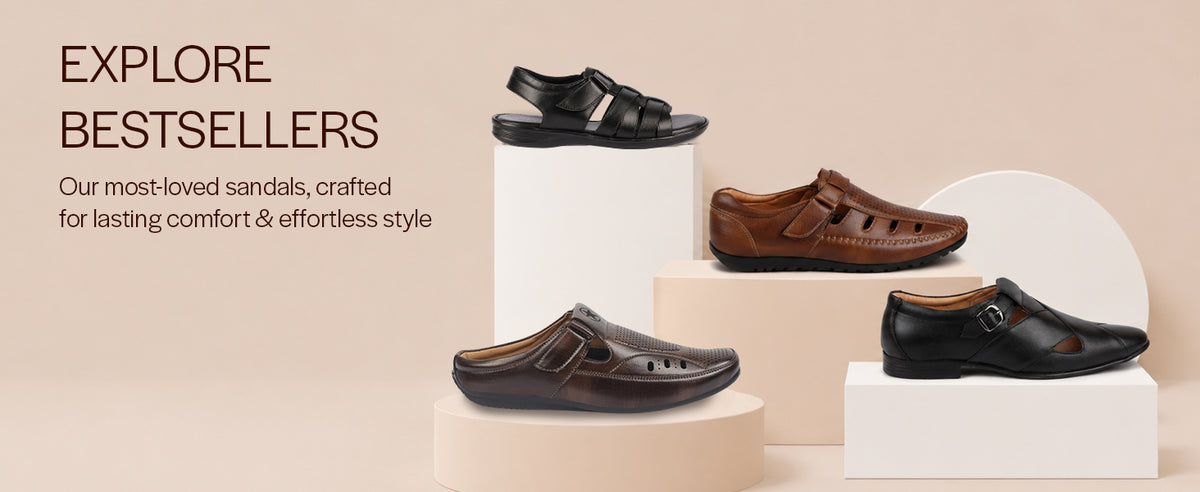 Men Black Genuine Leather Dual Strap EVA Sole Sandals|Open Toe Casual Slip On Slippers|Side Stitched Sliders with Memory Cushioned Insole