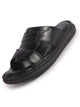 Men Black Genuine Leather Dual Strap EVA Sole Sandals|Open Toe Casual Slip On Slippers|Side Stitched Sliders with Memory Cushioned Insole