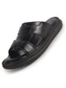 Men Black Genuine Leather Dual Strap EVA Sole Sandals|Open Toe Casual Slip On Slippers|Side Stitched Sliders with Memory Cushioned Insole