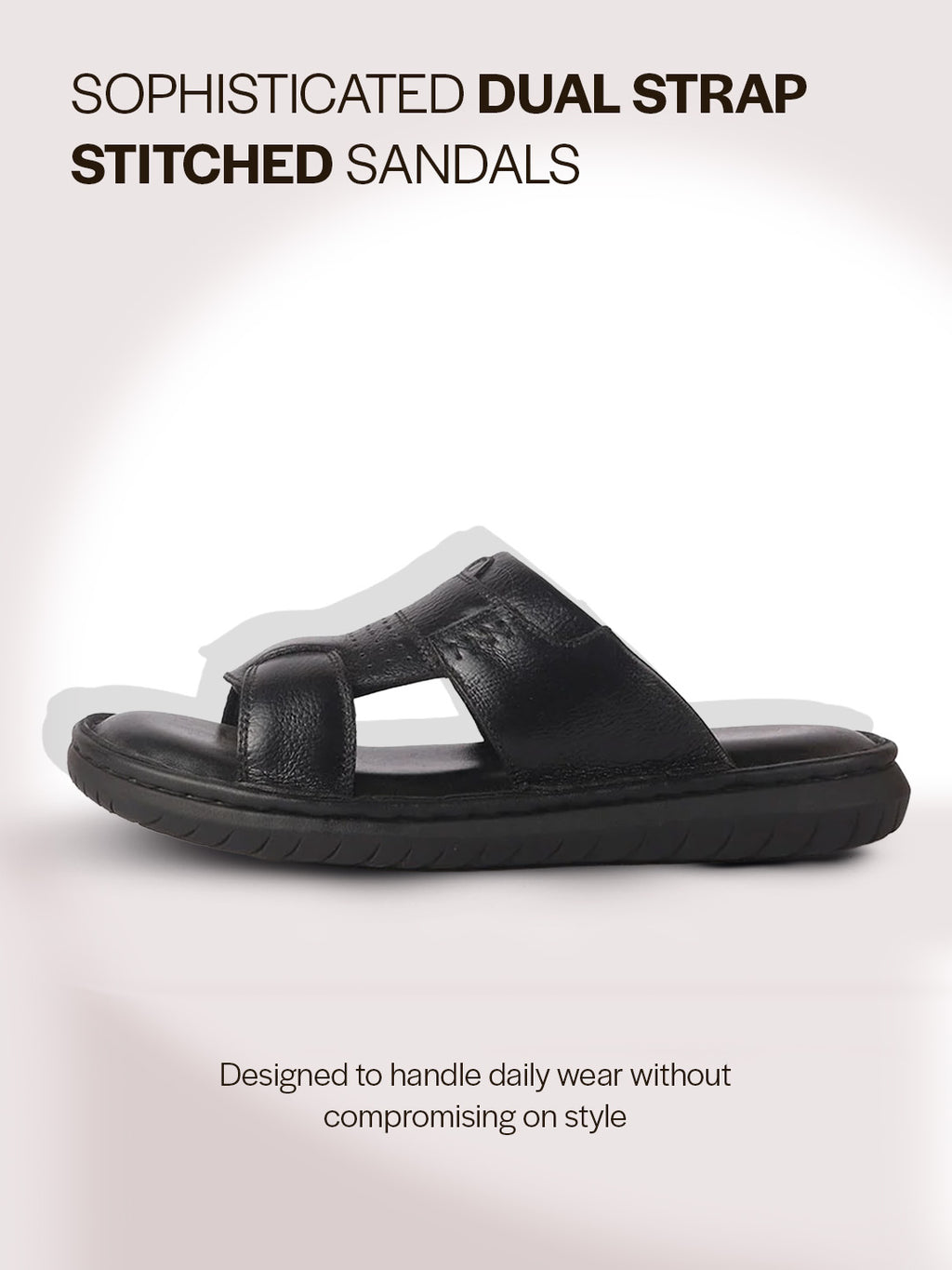 Men Black Genuine Leather Dual Strap EVA Sole Sandals|Open Toe Casual Slip On Slippers|Side Stitched Sliders with Memory Cushioned Insole