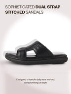 Men Black Genuine Leather Dual Strap EVA Sole Sandals|Open Toe Casual Slip On Slippers|Side Stitched Sliders with Memory Cushioned Insole