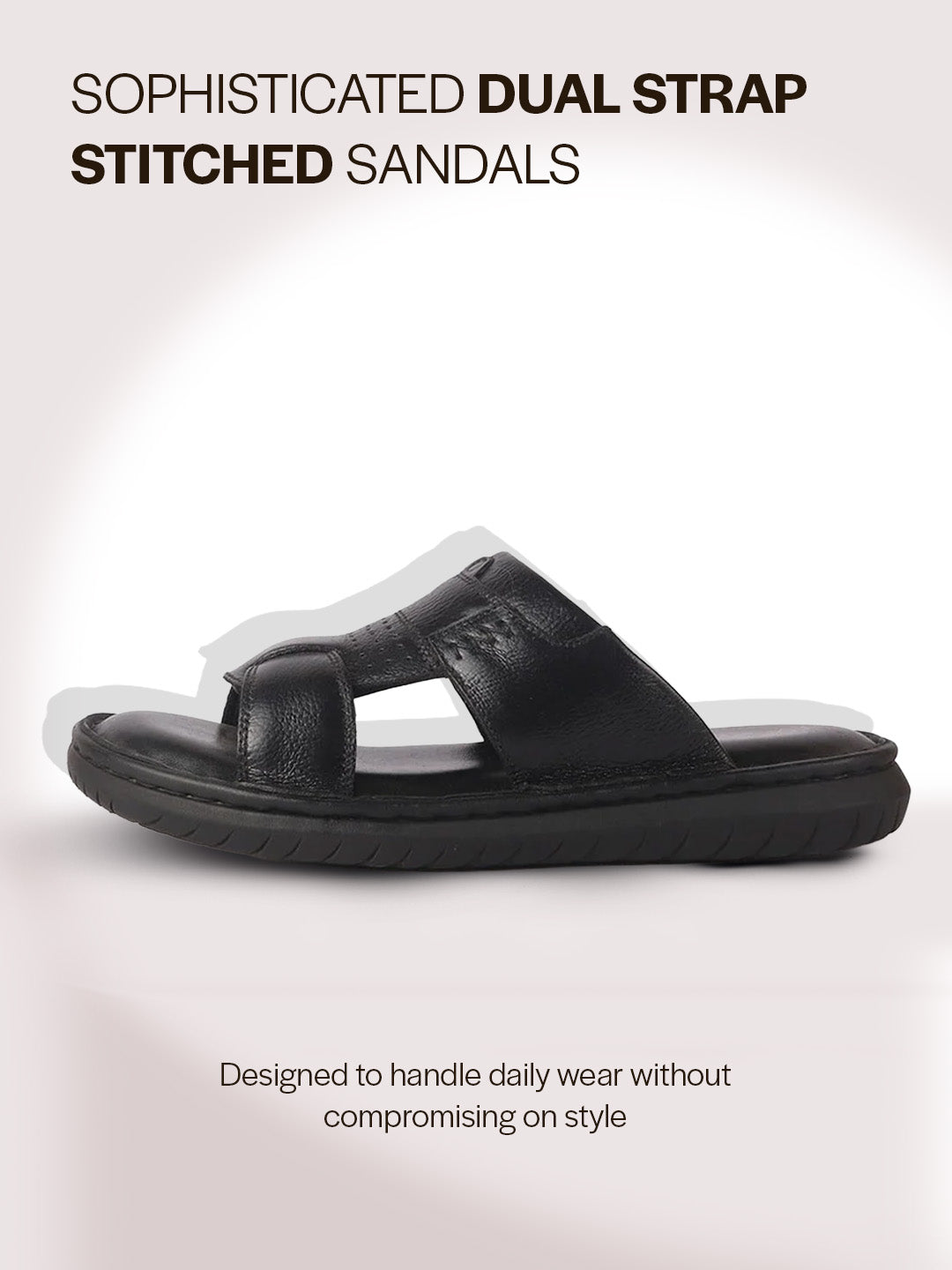 Men Black Genuine Leather Dual Strap EVA Sole Sandals|Open Toe Casual Slip On Slippers|Side Stitched Sliders with Memory Cushioned Insole