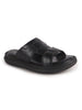 Men Black Genuine Leather Dual Strap EVA Sole Sandals|Open Toe Casual Slip On Slippers|Side Stitched Sliders with Memory Cushioned Insole