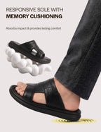 Men Black Genuine Leather Dual Strap EVA Sole Sandals|Open Toe Casual Slip On Slippers|Side Stitched Sliders with Memory Cushioned Insole