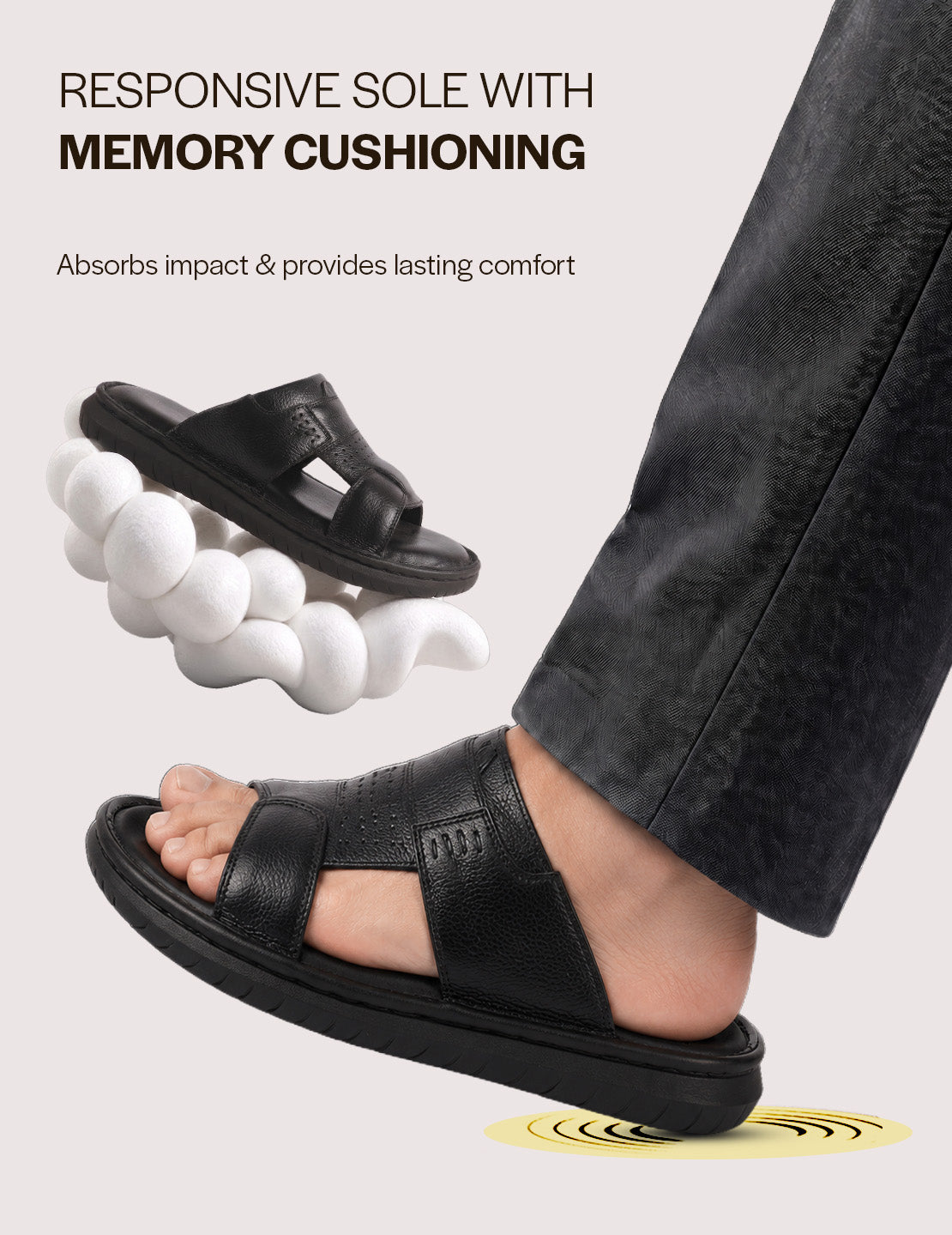 Men Black Genuine Leather Dual Strap EVA Sole Sandals|Open Toe Casual Slip On Slippers|Side Stitched Sliders with Memory Cushioned Insole