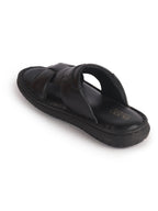 Men Black Genuine Leather Dual Strap EVA Sole Sandals|Open Toe Casual Slip On Slippers|Side Stitched Sliders with Memory Cushioned Insole