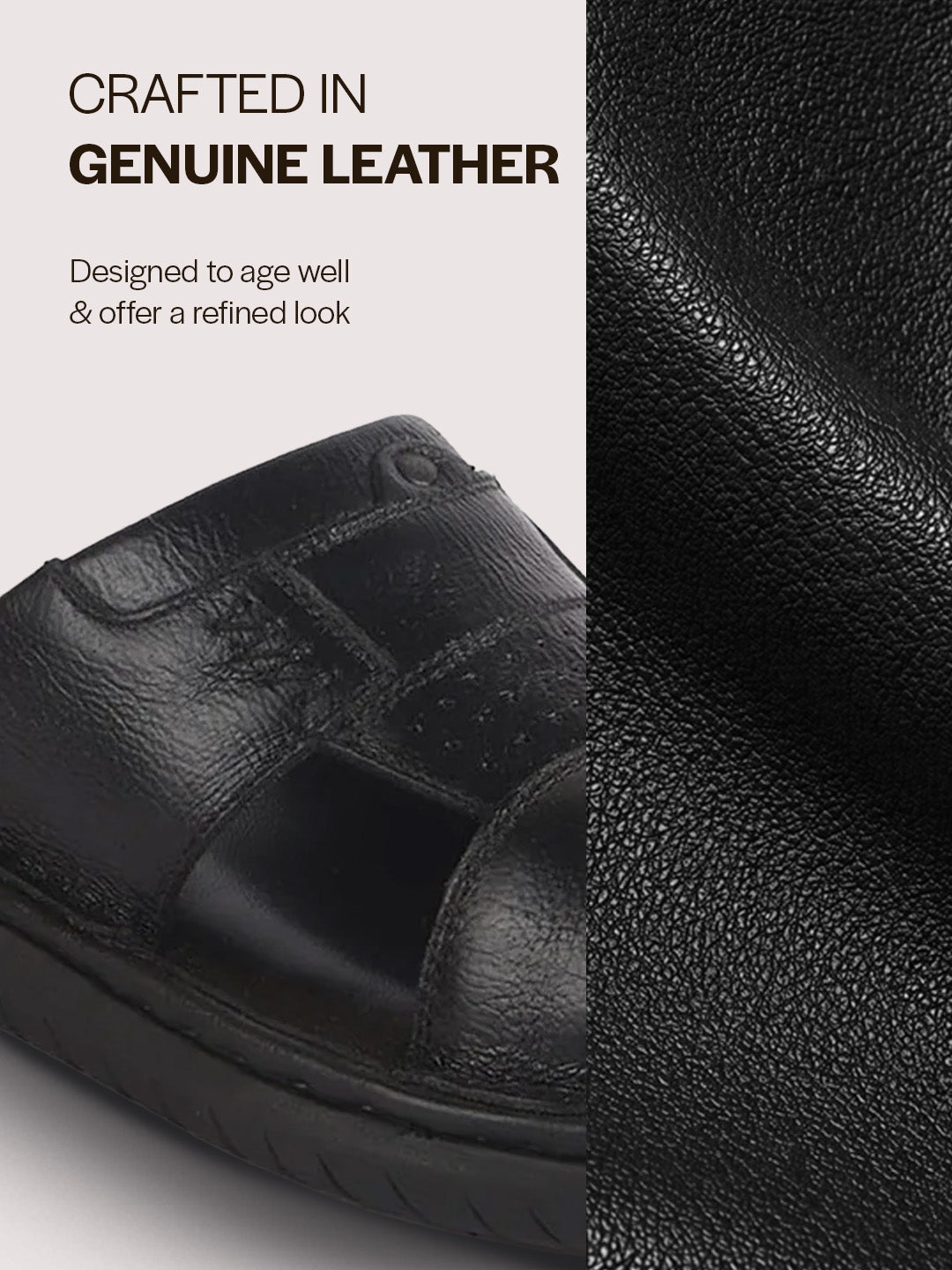 Men Black Genuine Leather Dual Strap EVA Sole Sandals|Open Toe Casual Slip On Slippers|Side Stitched Sliders with Memory Cushioned Insole
