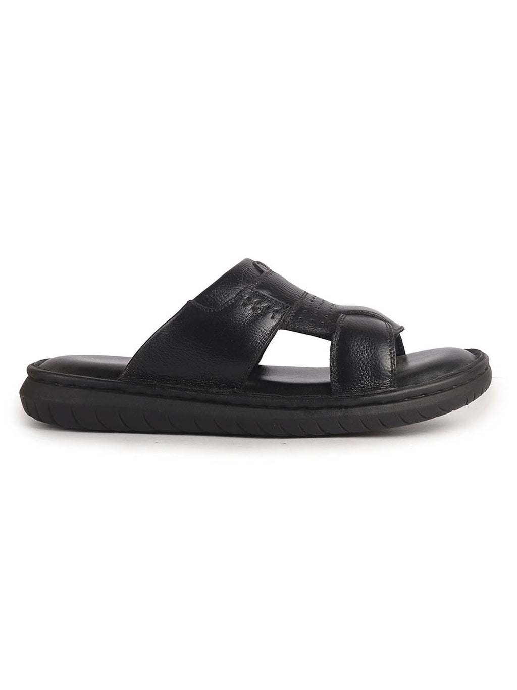 Men Black Genuine Leather Dual Strap EVA Sole Sandals|Open Toe Casual Slip On Slippers|Side Stitched Sliders with Memory Cushioned Insole