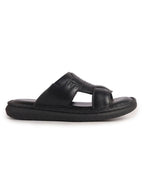 Men Black Genuine Leather Dual Strap EVA Sole Sandals|Open Toe Casual Slip On Slippers|Side Stitched Sliders with Memory Cushioned Insole