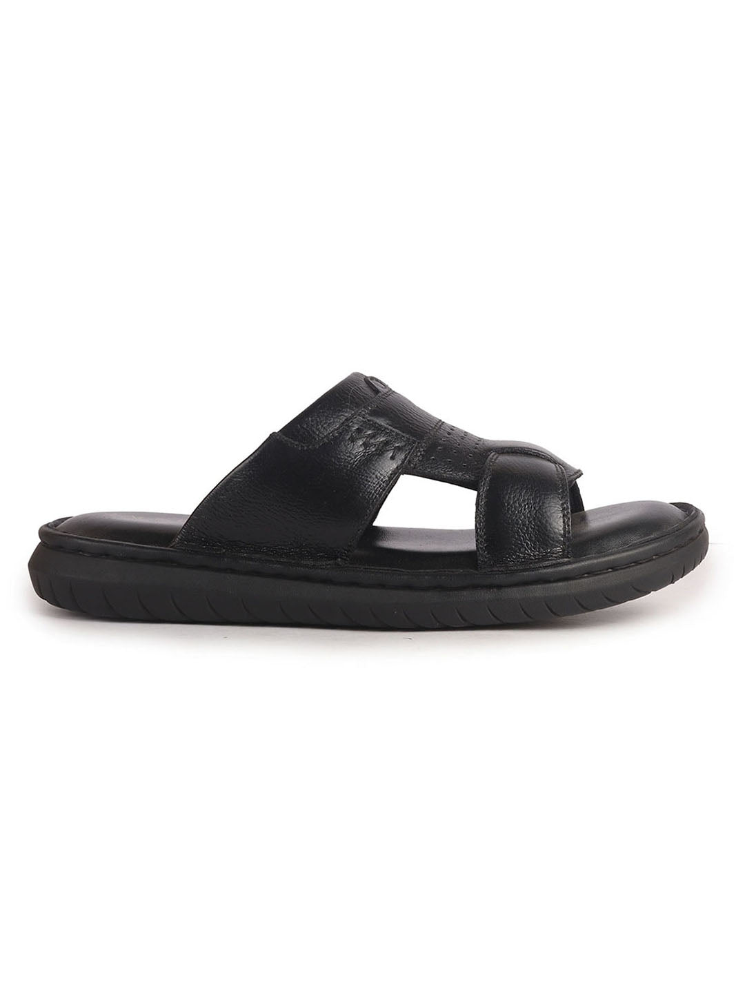 Men Black Genuine Leather Dual Strap EVA Sole Sandals|Open Toe Casual Slip On Slippers|Side Stitched Sliders with Memory Cushioned Insole