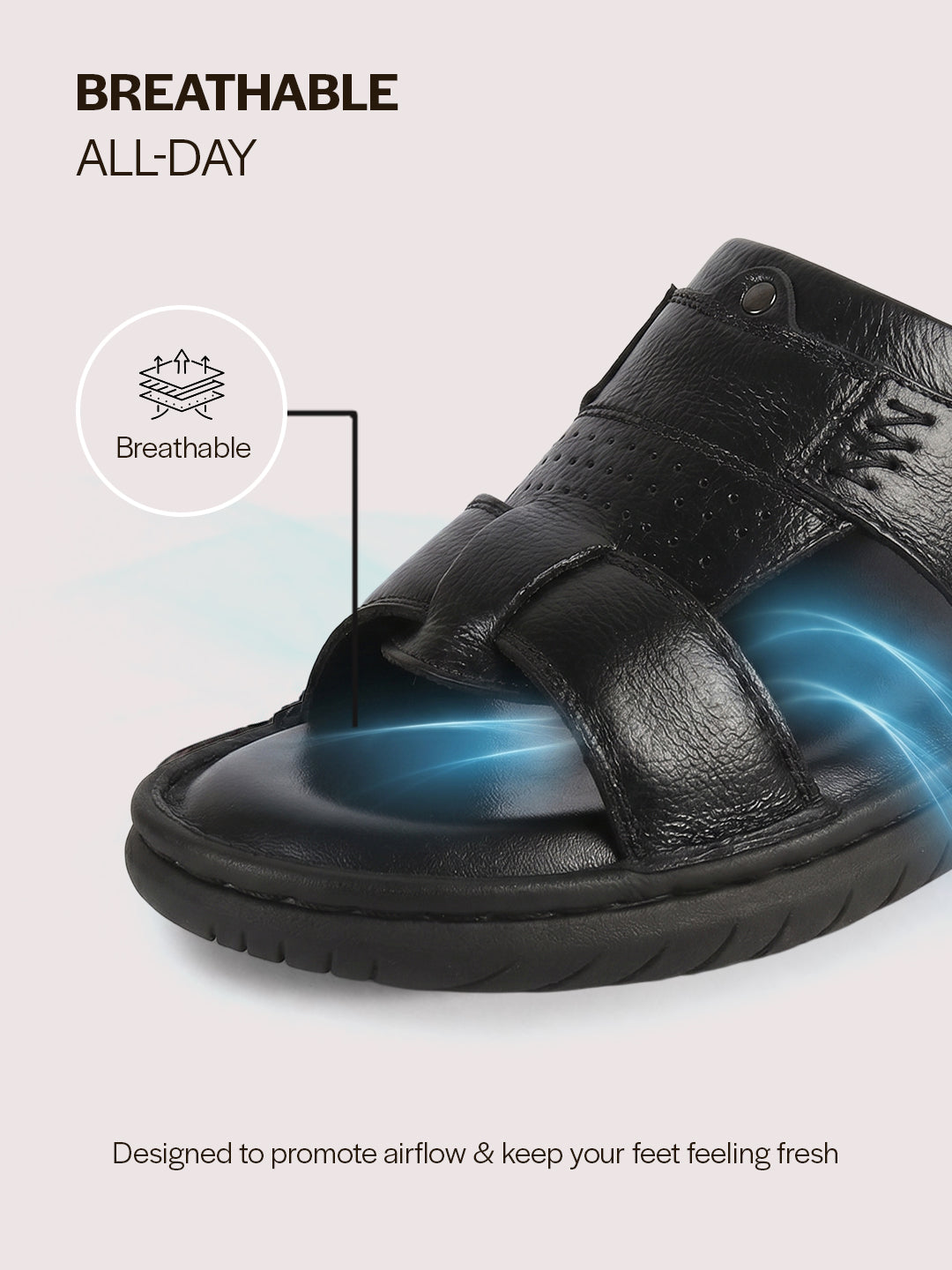 Men Black Genuine Leather Dual Strap EVA Sole Sandals|Open Toe Casual Slip On Slippers|Side Stitched Sliders with Memory Cushioned Insole