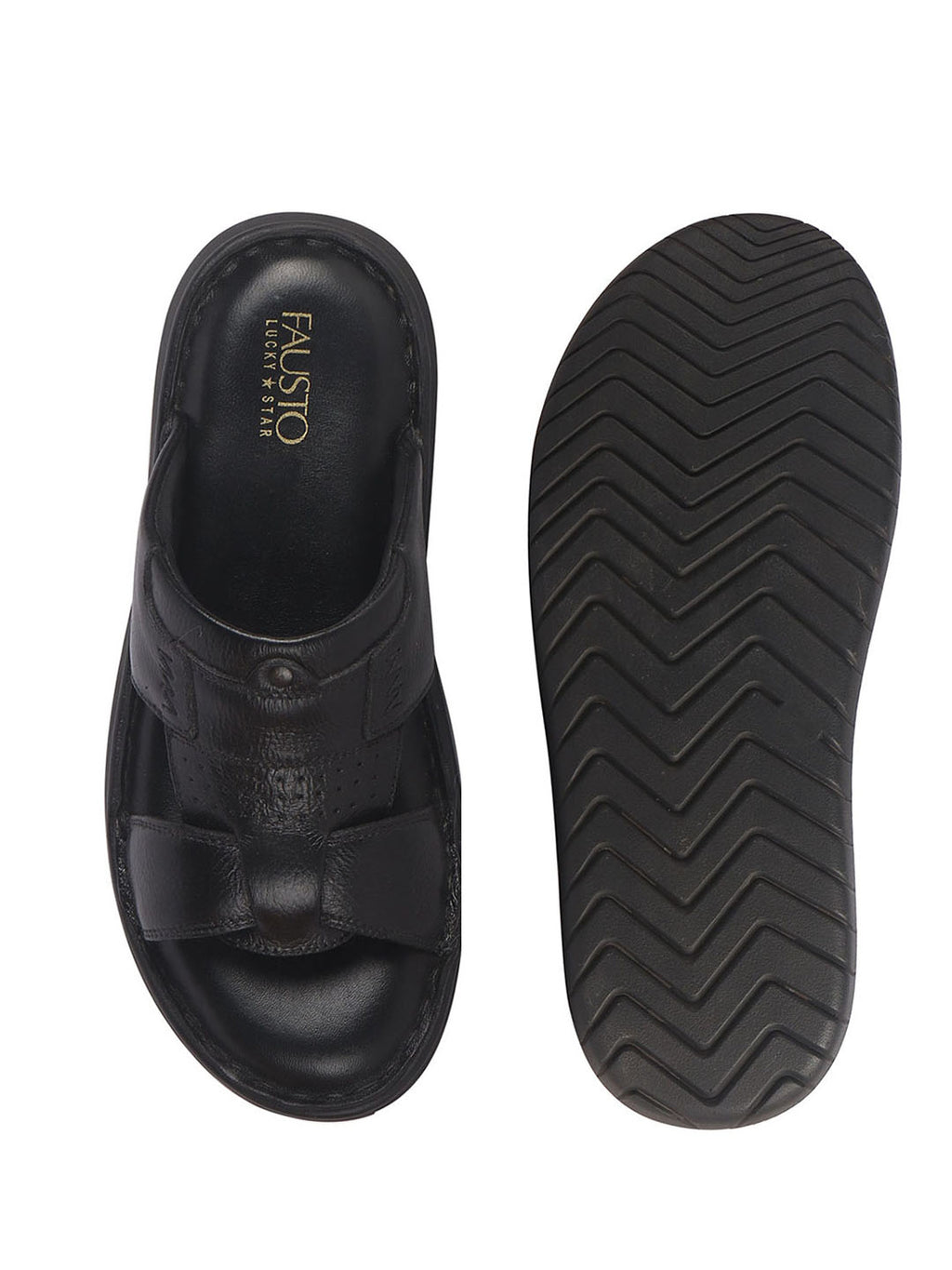 Men Black Genuine Leather Dual Strap EVA Sole Sandals|Open Toe Casual Slip On Slippers|Side Stitched Sliders with Memory Cushioned Insole