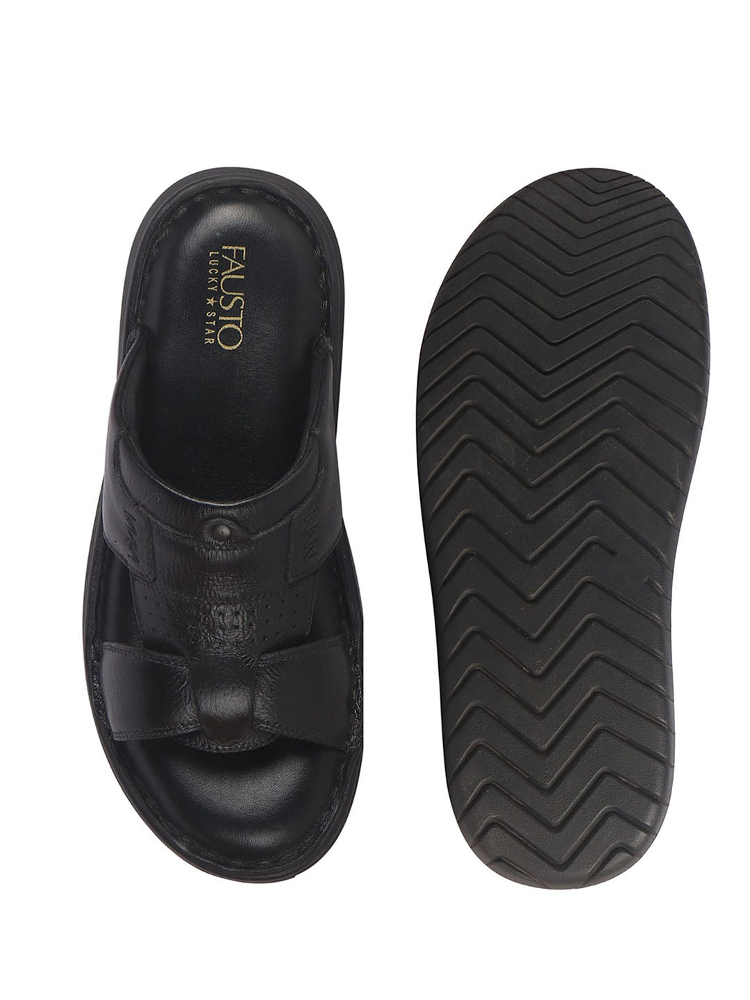 Men Black Genuine Leather Dual Strap EVA Sole Sandals|Open Toe Casual Slip On Slippers|Side Stitched Sliders with Memory Cushioned Insole