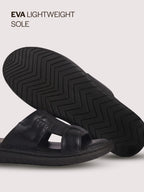 Men Black Genuine Leather Dual Strap EVA Sole Sandals|Open Toe Casual Slip On Slippers|Side Stitched Sliders with Memory Cushioned Insole