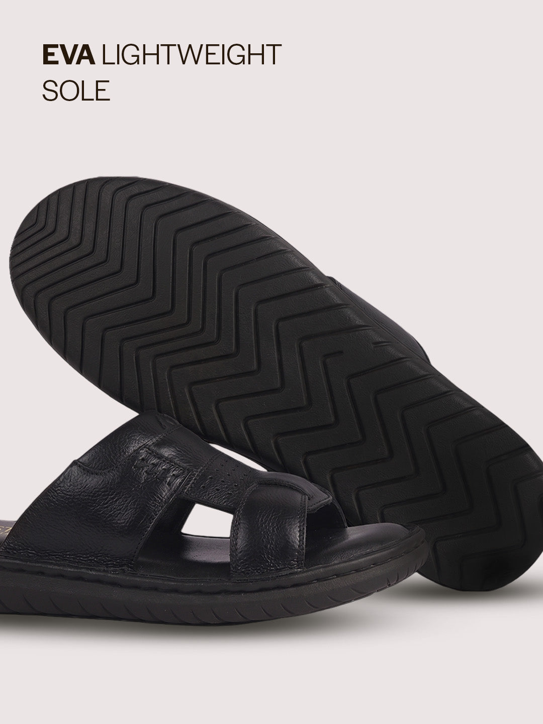 Men Black Genuine Leather Dual Strap EVA Sole Sandals|Open Toe Casual Slip On Slippers|Side Stitched Sliders with Memory Cushioned Insole