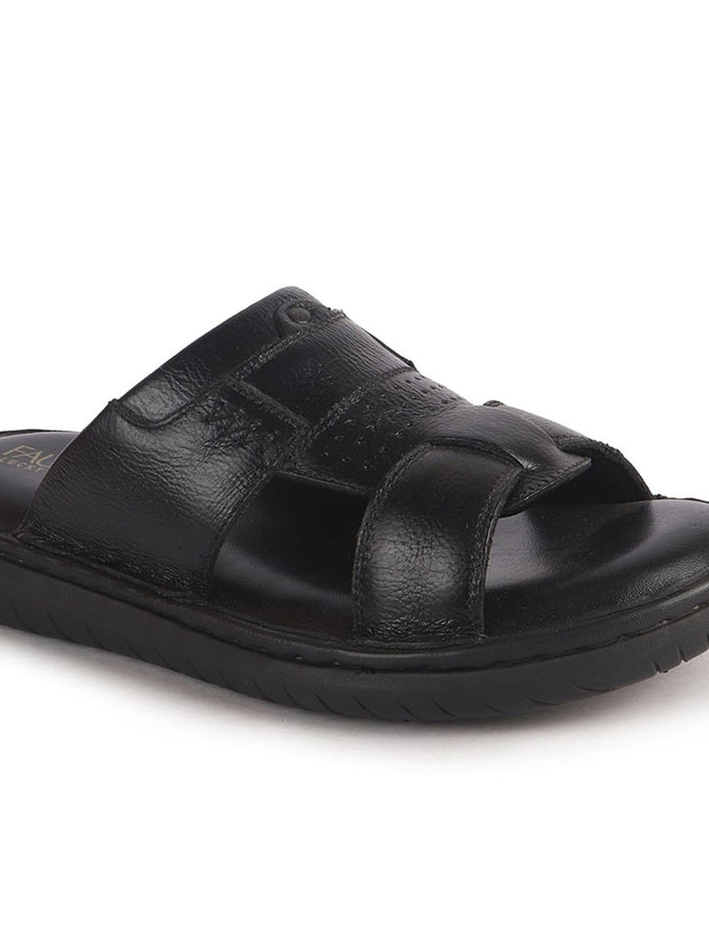 Men Black Genuine Leather Dual Strap EVA Sole Sandals|Open Toe Casual Slip On Slippers|Side Stitched Sliders with Memory Cushioned Insole
