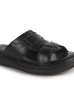 Men Black Genuine Leather Dual Strap EVA Sole Sandals|Open Toe Casual Slip On Slippers|Side Stitched Sliders with Memory Cushioned Insole