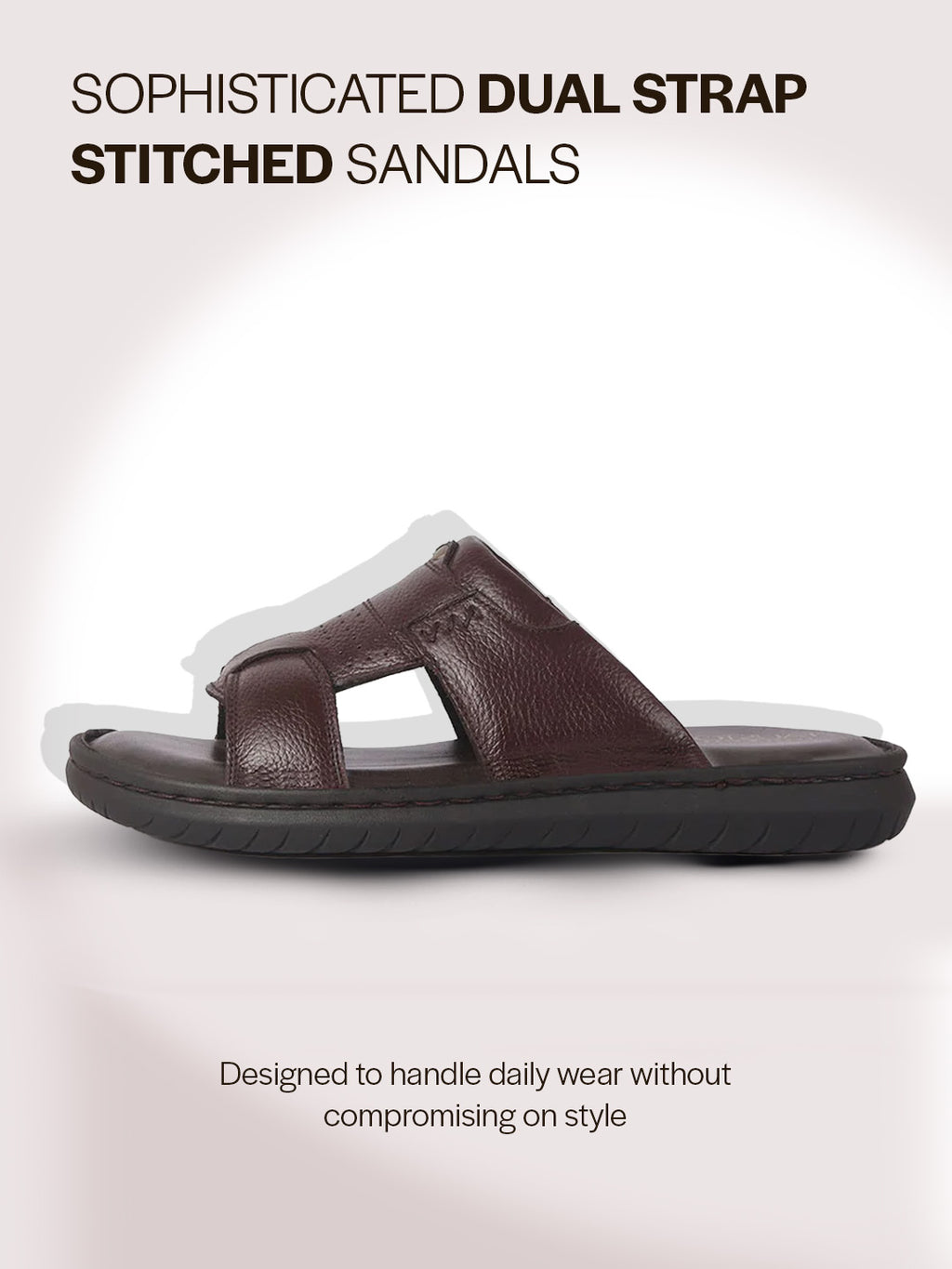 Men Brown Genuine Leather Dual Strap EVA Sole Sandals|Open Toe Casual Slip On Slippers|Side Stitched Sliders with Memory Cushioned Insole