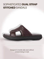 Men Brown Genuine Leather Dual Strap EVA Sole Sandals|Open Toe Casual Slip On Slippers|Side Stitched Sliders with Memory Cushioned Insole