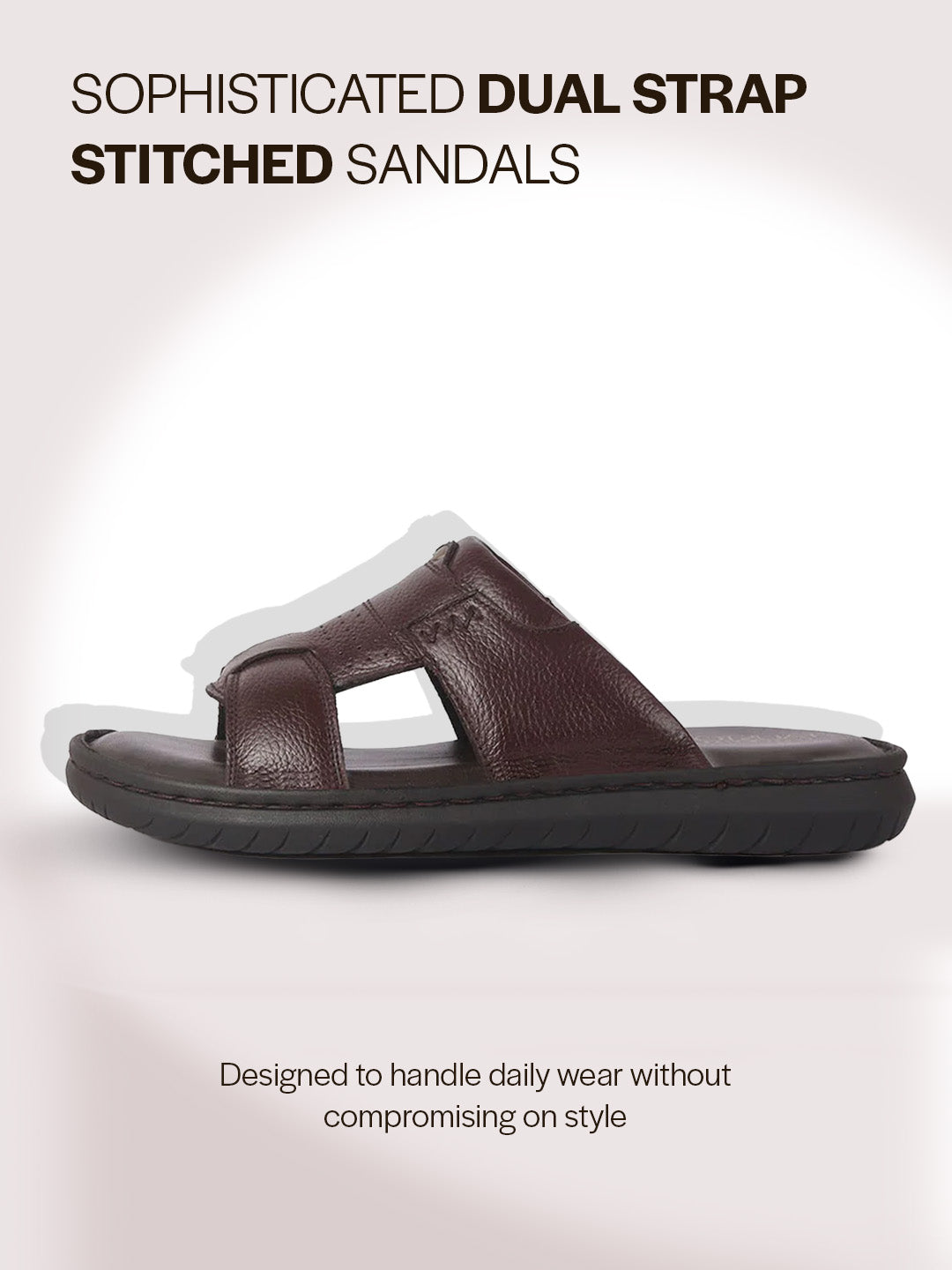 Men Brown Genuine Leather Dual Strap EVA Sole Sandals|Open Toe Casual Slip On Slippers|Side Stitched Sliders with Memory Cushioned Insole