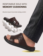 Men Brown Genuine Leather Dual Strap EVA Sole Sandals|Open Toe Casual Slip On Slippers|Side Stitched Sliders with Memory Cushioned Insole