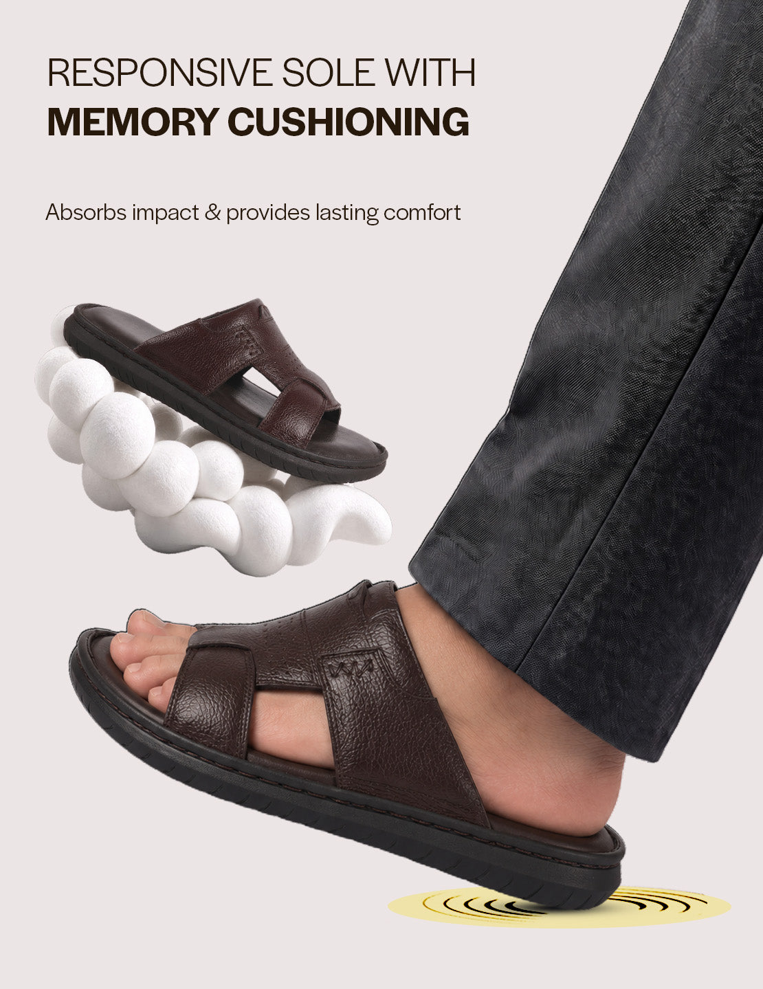 Men Brown Genuine Leather Dual Strap EVA Sole Sandals|Open Toe Casual Slip On Slippers|Side Stitched Sliders with Memory Cushioned Insole