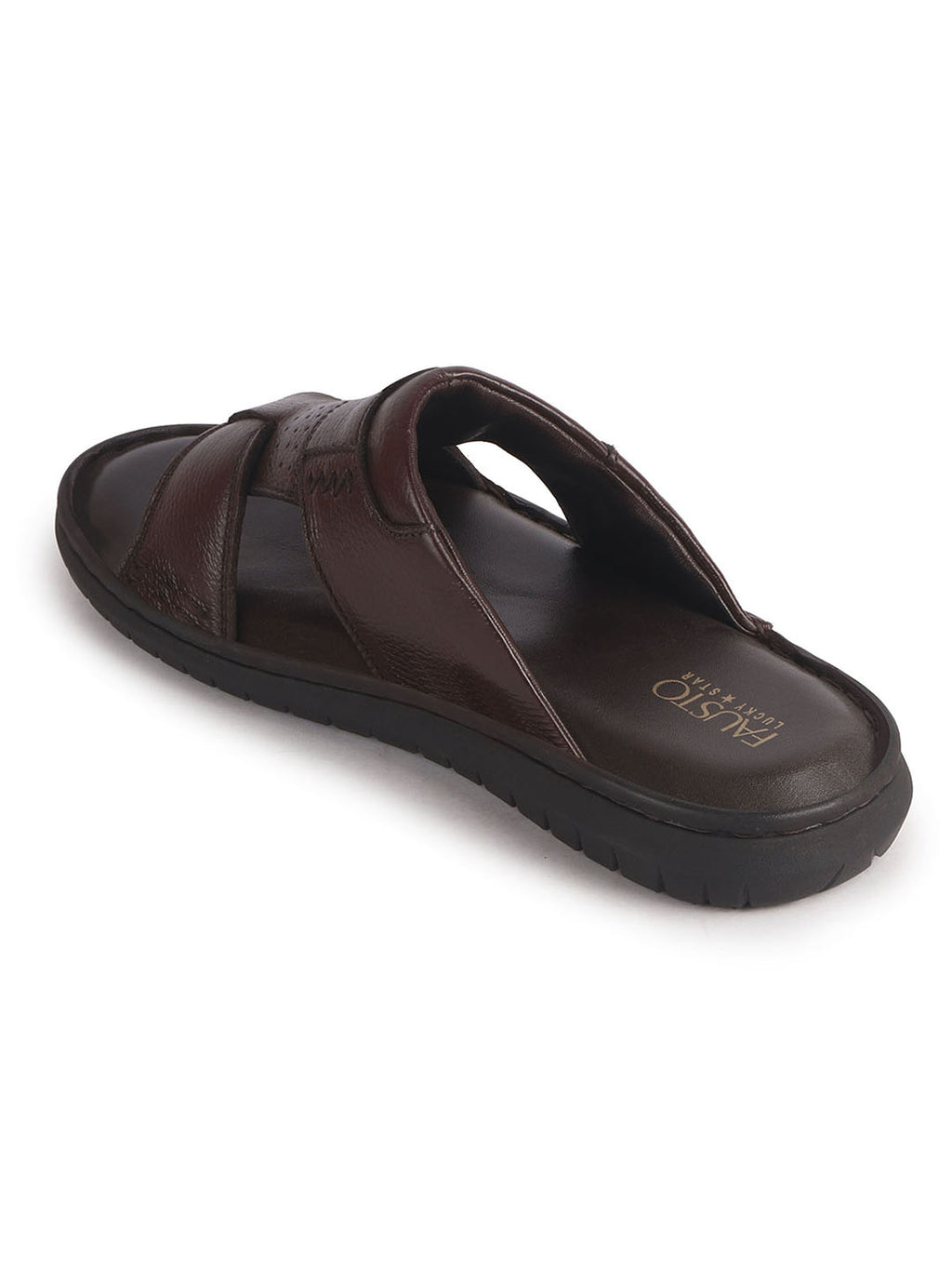 Men Brown Genuine Leather Dual Strap EVA Sole Sandals|Open Toe Casual Slip On Slippers|Side Stitched Sliders with Memory Cushioned Insole