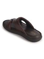 Men Brown Genuine Leather Dual Strap EVA Sole Sandals|Open Toe Casual Slip On Slippers|Side Stitched Sliders with Memory Cushioned Insole