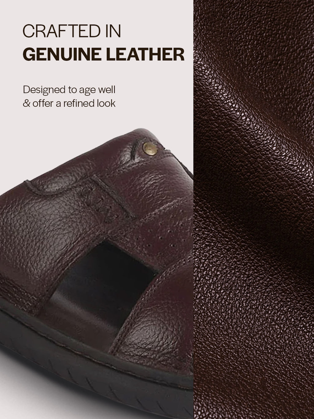 Men Brown Genuine Leather Dual Strap EVA Sole Sandals|Open Toe Casual Slip On Slippers|Side Stitched Sliders with Memory Cushioned Insole