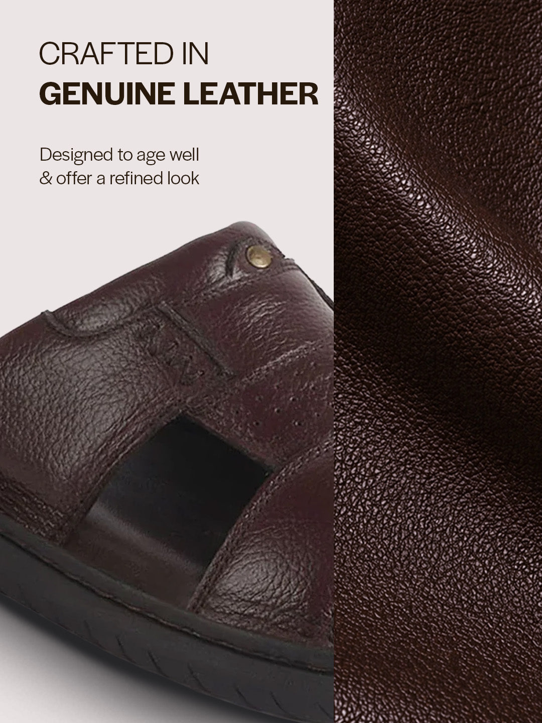 Men Brown Genuine Leather Dual Strap EVA Sole Sandals|Open Toe Casual Slip On Slippers|Side Stitched Sliders with Memory Cushioned Insole