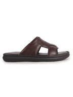 Men Brown Genuine Leather Dual Strap EVA Sole Sandals|Open Toe Casual Slip On Slippers|Side Stitched Sliders with Memory Cushioned Insole