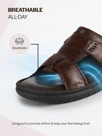 Men Brown Genuine Leather Dual Strap EVA Sole Sandals|Open Toe Casual Slip On Slippers|Side Stitched Sliders with Memory Cushioned Insole