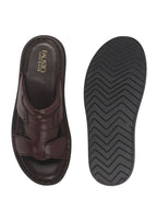 Men Brown Genuine Leather Dual Strap EVA Sole Sandals|Open Toe Casual Slip On Slippers|Side Stitched Sliders with Memory Cushioned Insole