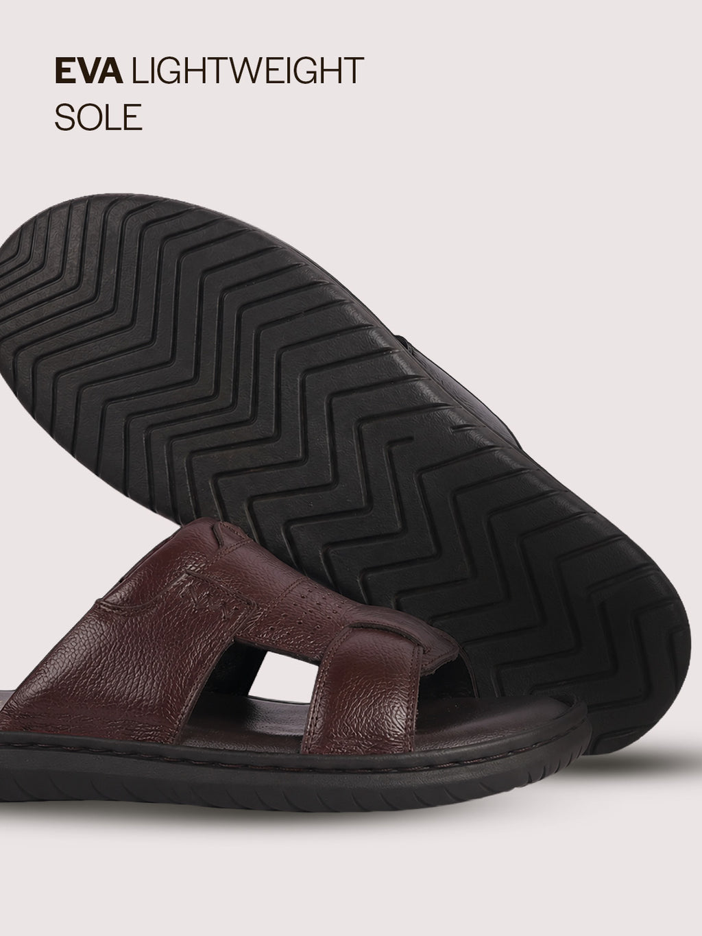 Men Brown Genuine Leather Dual Strap EVA Sole Sandals|Open Toe Casual Slip On Slippers|Side Stitched Sliders with Memory Cushioned Insole