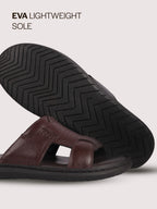 Men Brown Genuine Leather Dual Strap EVA Sole Sandals|Open Toe Casual Slip On Slippers|Side Stitched Sliders with Memory Cushioned Insole