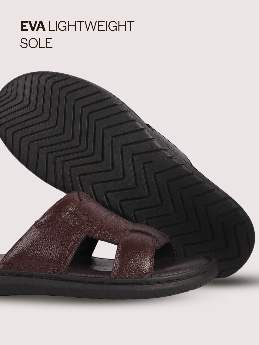 Men Brown Genuine Leather Dual Strap EVA Sole Sandals|Open Toe Casual Slip On Slippers|Side Stitched Sliders with Memory Cushioned Insole