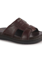 Men Brown Genuine Leather Dual Strap EVA Sole Sandals|Open Toe Casual Slip On Slippers|Side Stitched Sliders with Memory Cushioned Insole