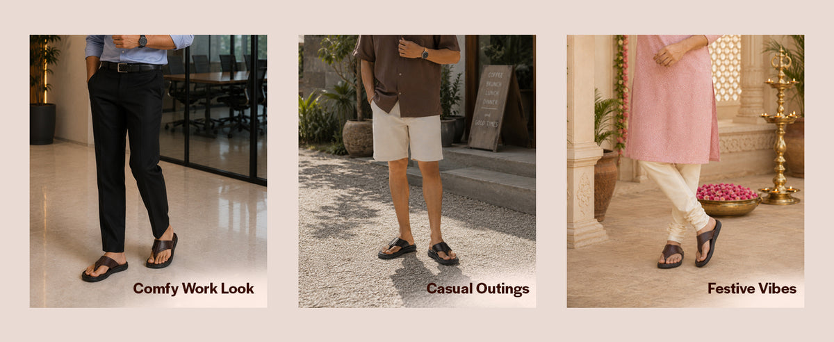 Men Brown Genuine Leather T-Strap EVA Sole Slip On Slippers|Side Stitched Thong Sandals|Memory Cushioned Insole