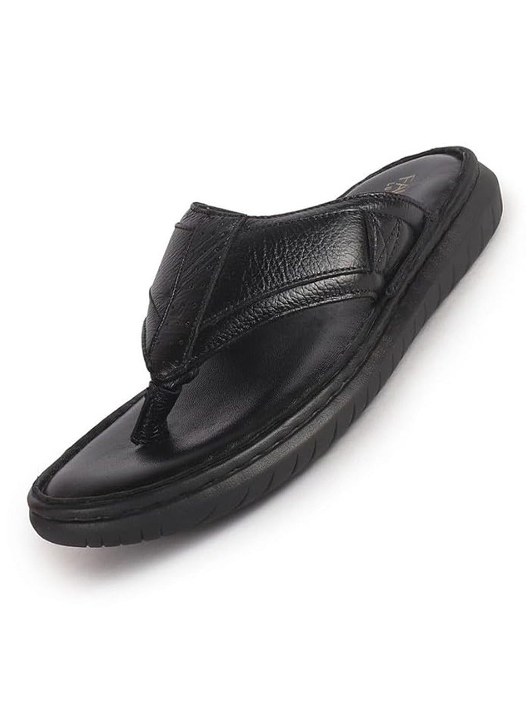 Men Black Genuine Leather T-Strap EVA Sole Slip On Slippers|Side Stitched Thong Sandals|Memory Cushioned Insole