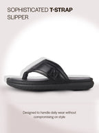 Men Black Genuine Leather T-Strap EVA Sole Slip On Slippers|Side Stitched Thong Sandals|Memory Cushioned Insole
