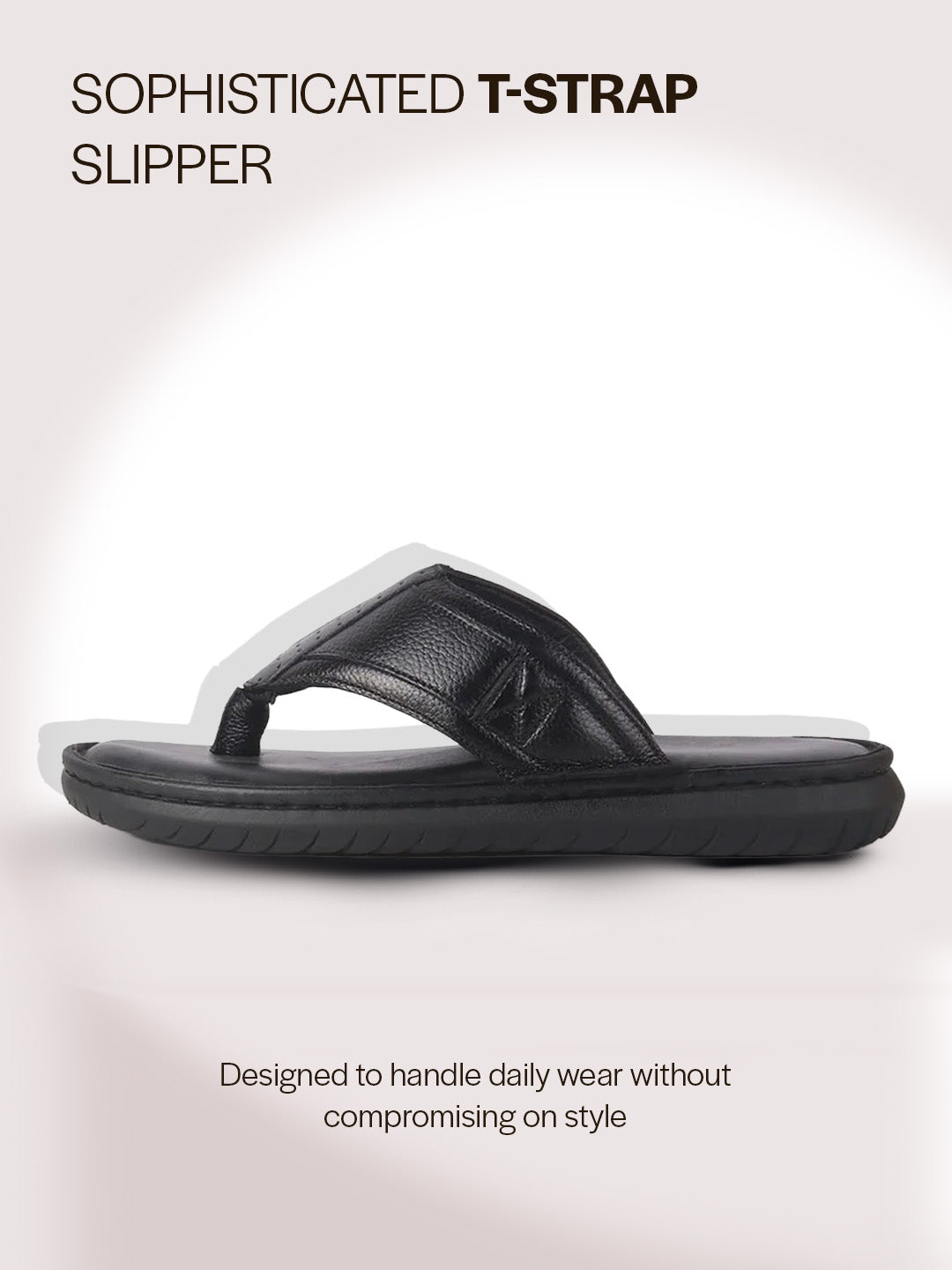 Men Black Genuine Leather T-Strap EVA Sole Slip On Slippers|Side Stitched Thong Sandals|Memory Cushioned Insole