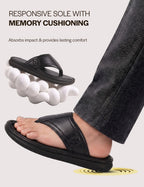 Men Black Genuine Leather T-Strap EVA Sole Slip On Slippers|Side Stitched Thong Sandals|Memory Cushioned Insole