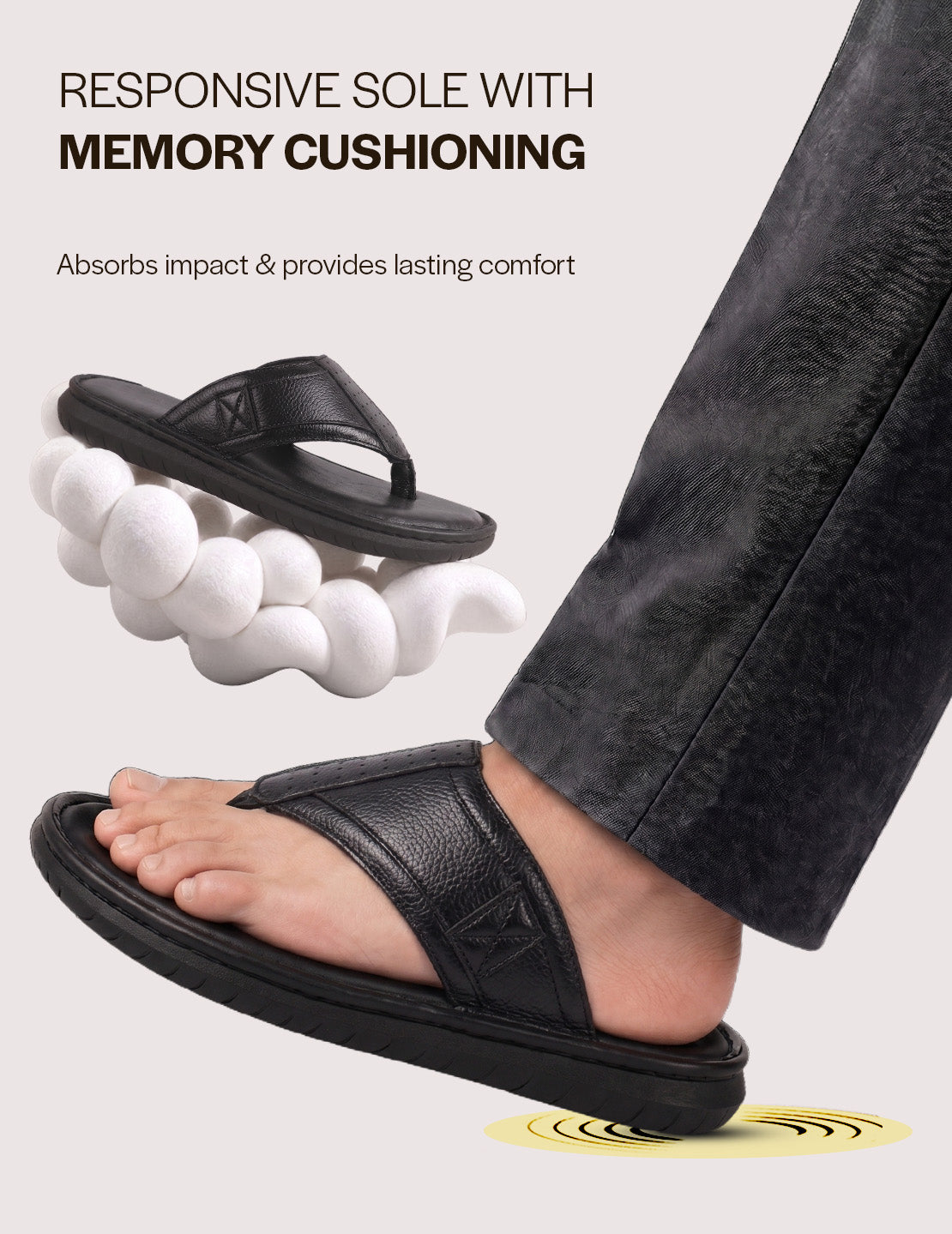Men Black Genuine Leather T-Strap EVA Sole Slip On Slippers|Side Stitched Thong Sandals|Memory Cushioned Insole