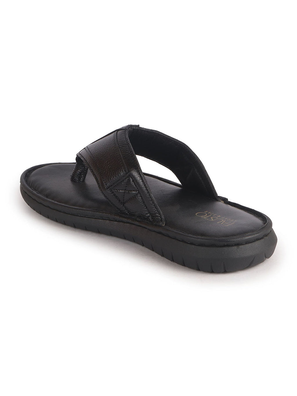 Men Black Genuine Leather T-Strap EVA Sole Slip On Slippers|Side Stitched Thong Sandals|Memory Cushioned Insole