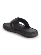 Men Black Genuine Leather T-Strap EVA Sole Slip On Slippers|Side Stitched Thong Sandals|Memory Cushioned Insole