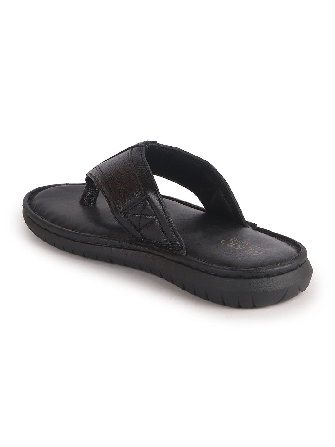 Men Black Genuine Leather T-Strap EVA Sole Slip On Slippers|Side Stitched Thong Sandals|Memory Cushioned Insole
