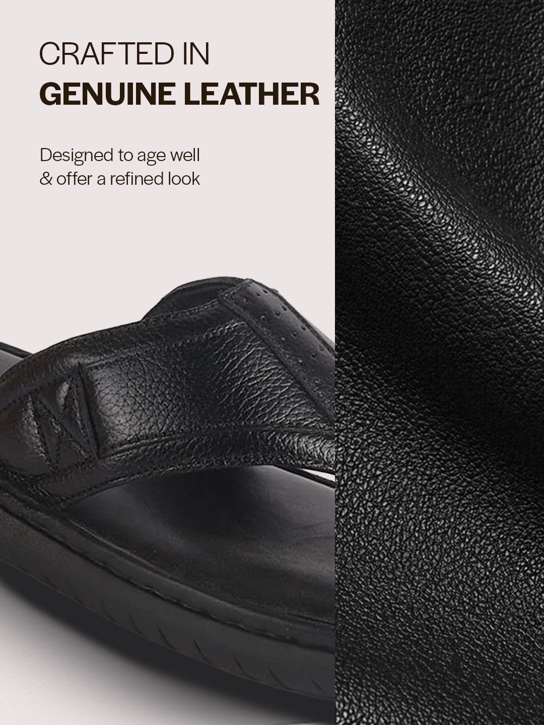 Men Black Genuine Leather T-Strap EVA Sole Slip On Slippers|Side Stitched Thong Sandals|Memory Cushioned Insole